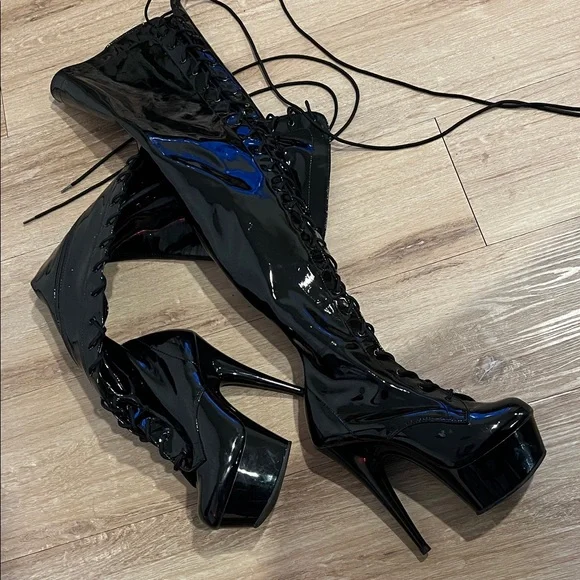 PLEASER • DELIGHT-3023 6" Heel Platform Lace-Up Stretch Thigh Boots - Picture 6 of 8